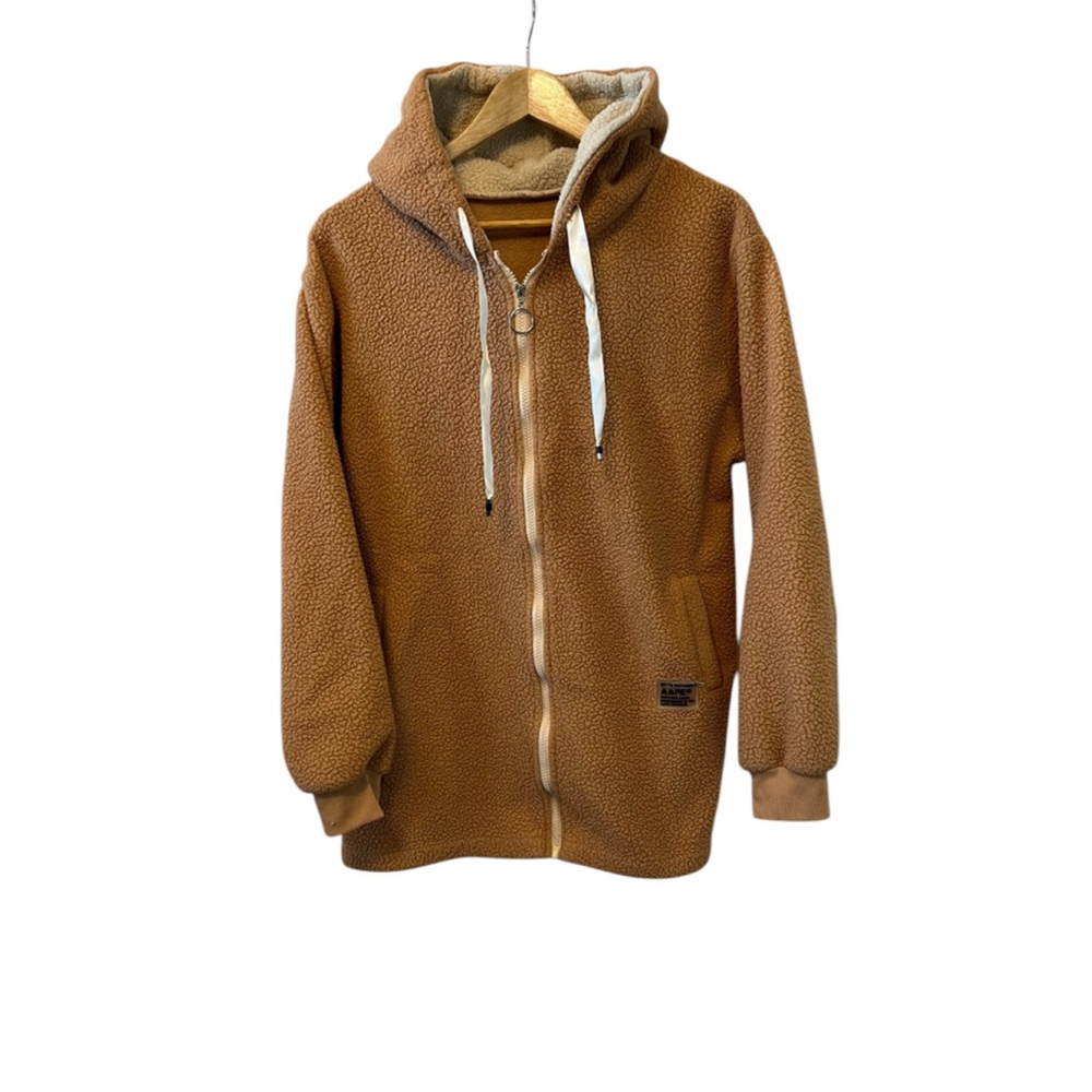 Tan Teddy Oversized Back Graphic Hooded Zip Up Sweatshirt L